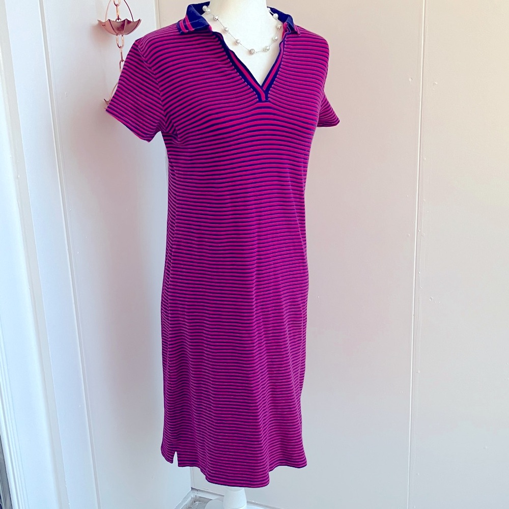 Lands' End Dark Pink and Navy Short Sleeve Polo Style Preppy Midi Dress